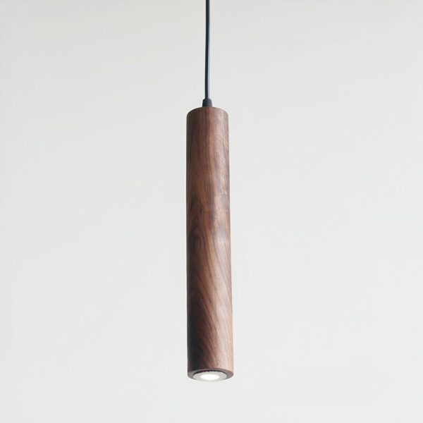 Hanglamp van walnoothout met modern ontwerp op een grijze achtergrond