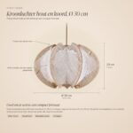 Afmetingen van de kroonluchter van hout en koord: 30 cm doorsnede, 23 cm hoog