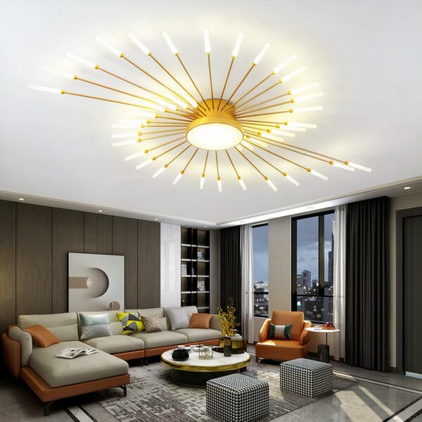 Moderne metalen LED-plafondlamp in brandweerstijl, hangend aan het plafond van een woonkamer, boven een bank.