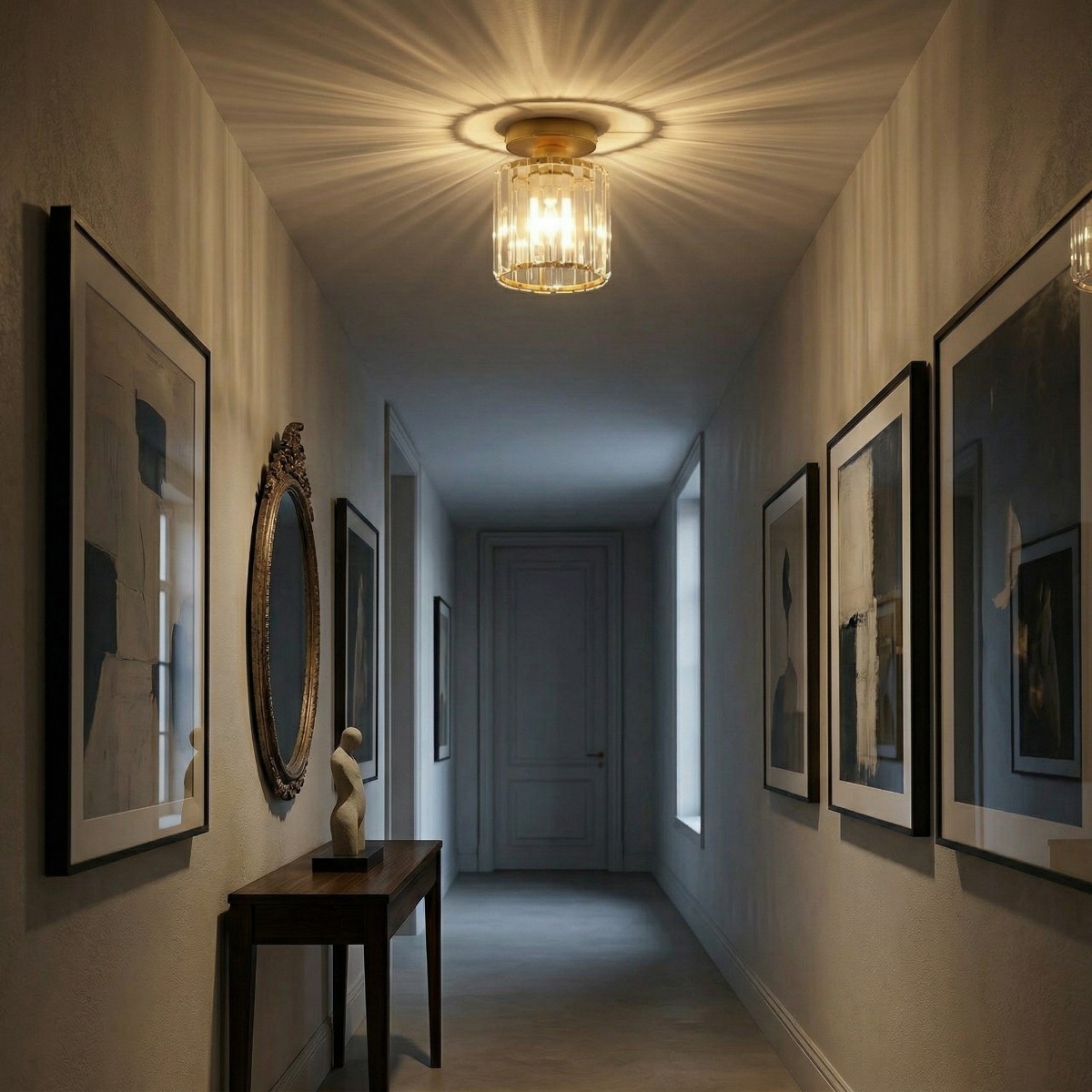 Vintage ronde kroonluchter helder kristalglas — in interieur