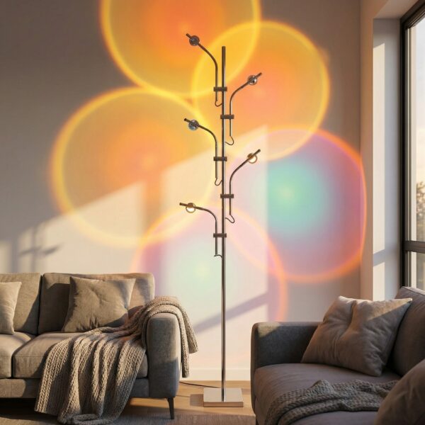 Vloerlamp met meerdere spots die gekleurde zonsondergangcirkels op de muur projecteren