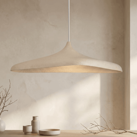 Hanglamp Wabi Sabi stijl platte Japanse plafonnière Platte kegelvormige hanglamp van beige vezelstof in wabi-sabi-stijl