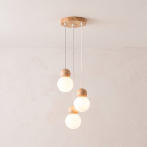3-lichts hanglamp in glas en hout