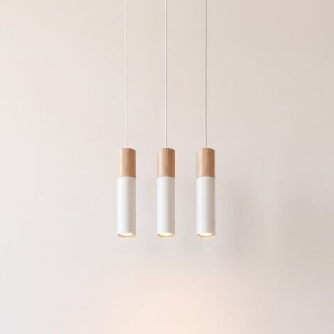 Minimalistische hanglamp met 3 lampen in staal en natuurlijk hout